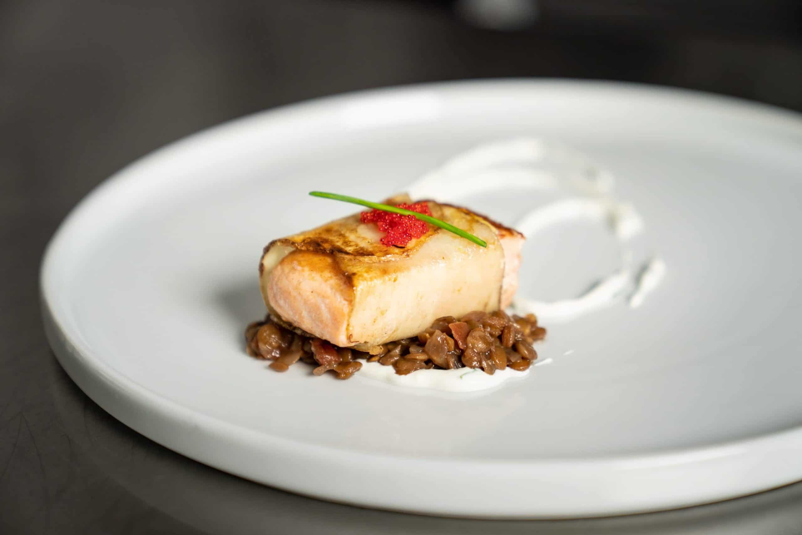 Potato Wrapped Salmon | Red Wine Braised Lentils | Norwegian Dill Sauce