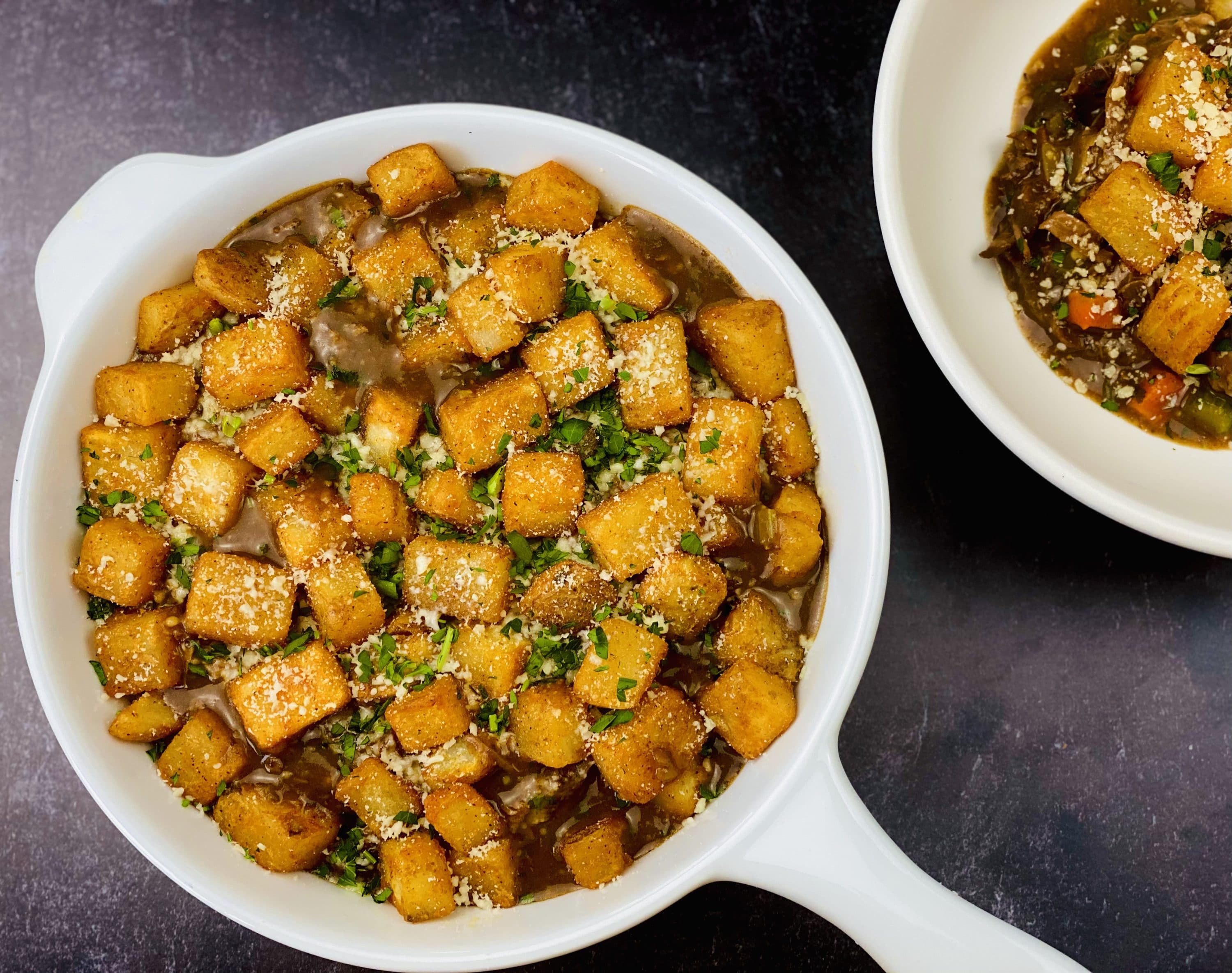 Beef Pot Roast Casserole with Crispy Parmesan and Herb Potatoes