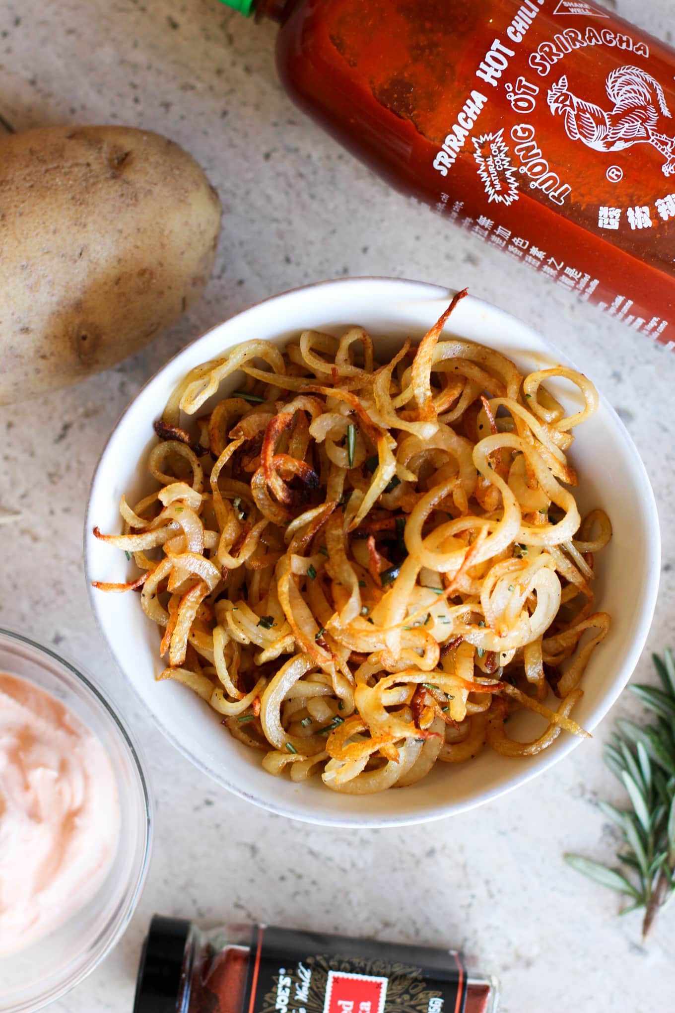 Potato Recipes | Baked Spiralized French Fries with Creamy Sriracha Dip