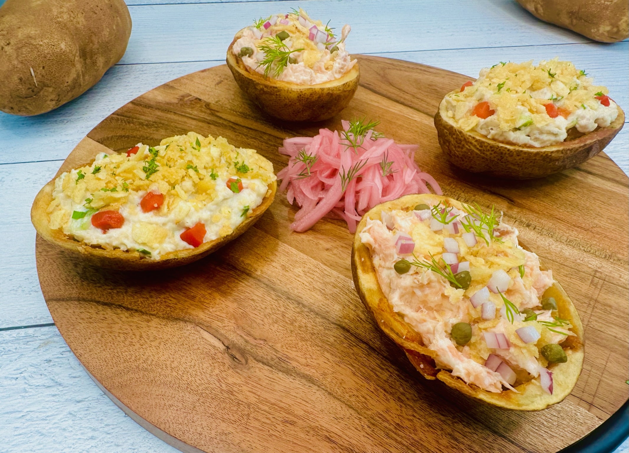 Smoked Salmon Salad and White Fish Salad Stuffed Potato Half Shells - Potato Goodness