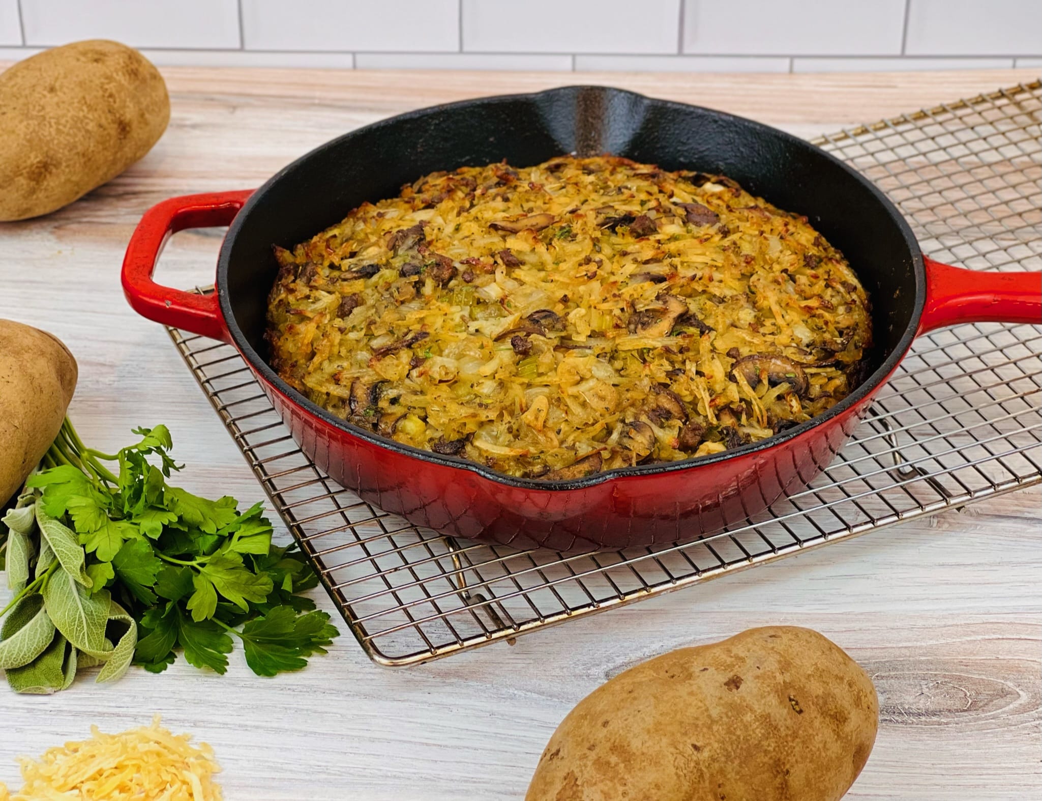 Skillet Hash Brown Stuffing - Potato Goodness