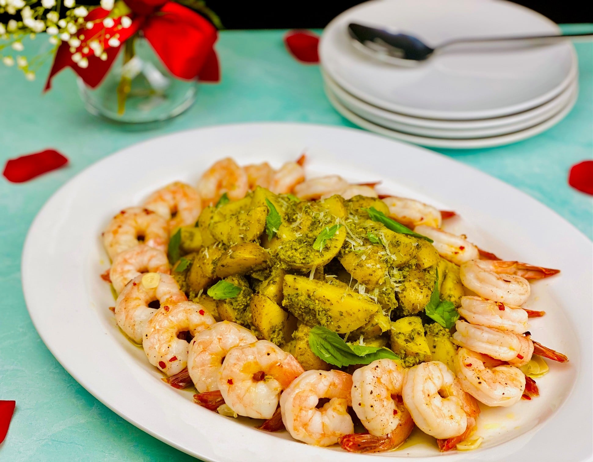Chili Spiked Shrimp with Pesto Marinated Potatoes | Valentine's Day