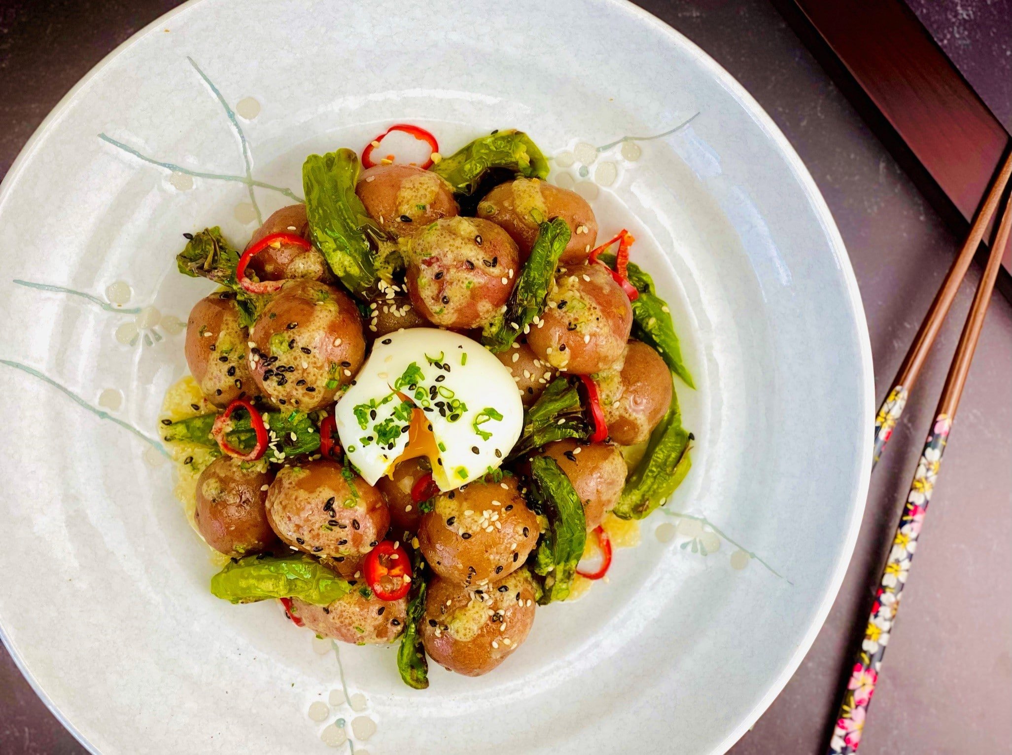 Dashi Poached Potatoes with Shishito Peppers & Sesame Miso Vinaigrette