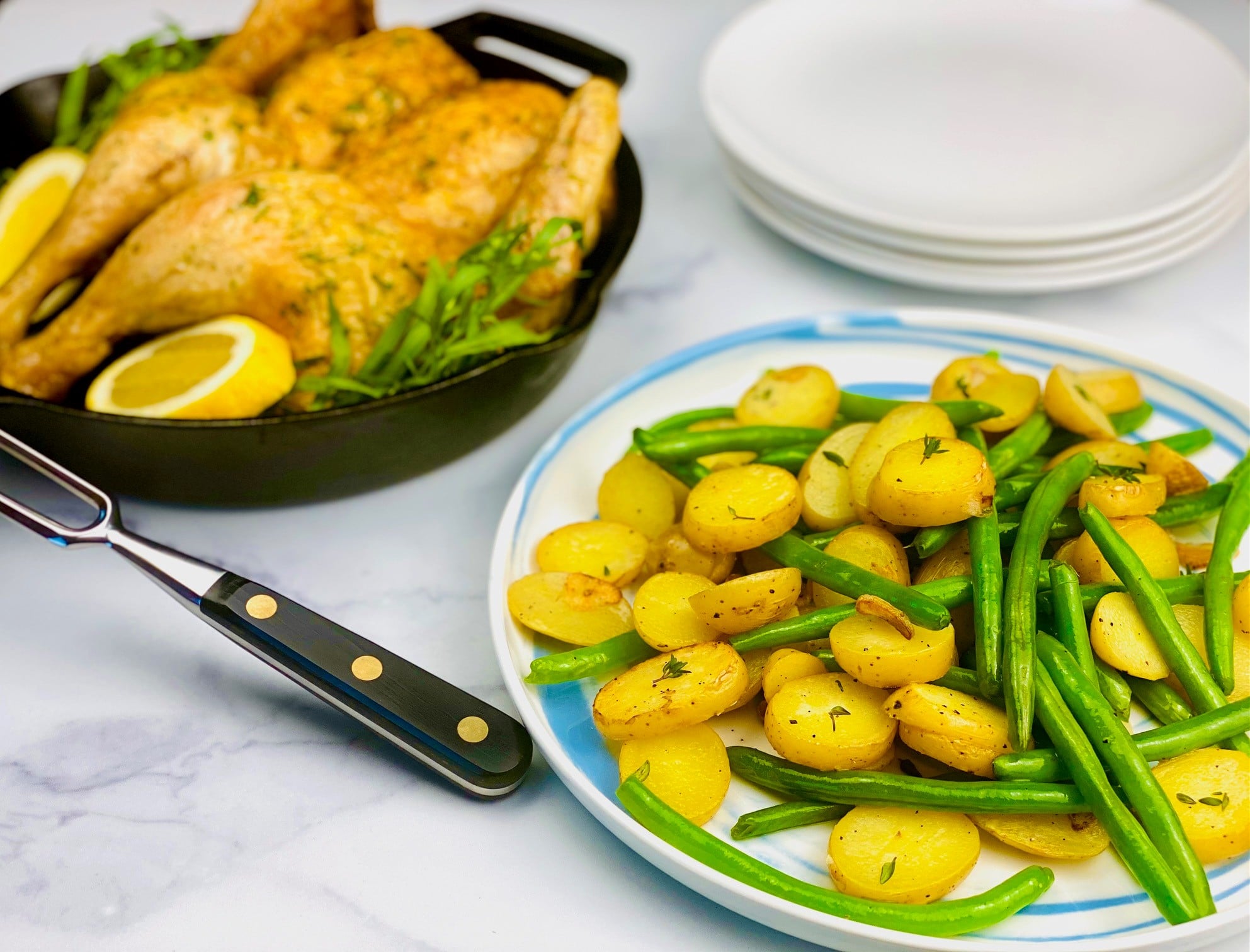 Garlicky Potatoes & Green Beans with Lemon-Tarragon Roasted Chicken