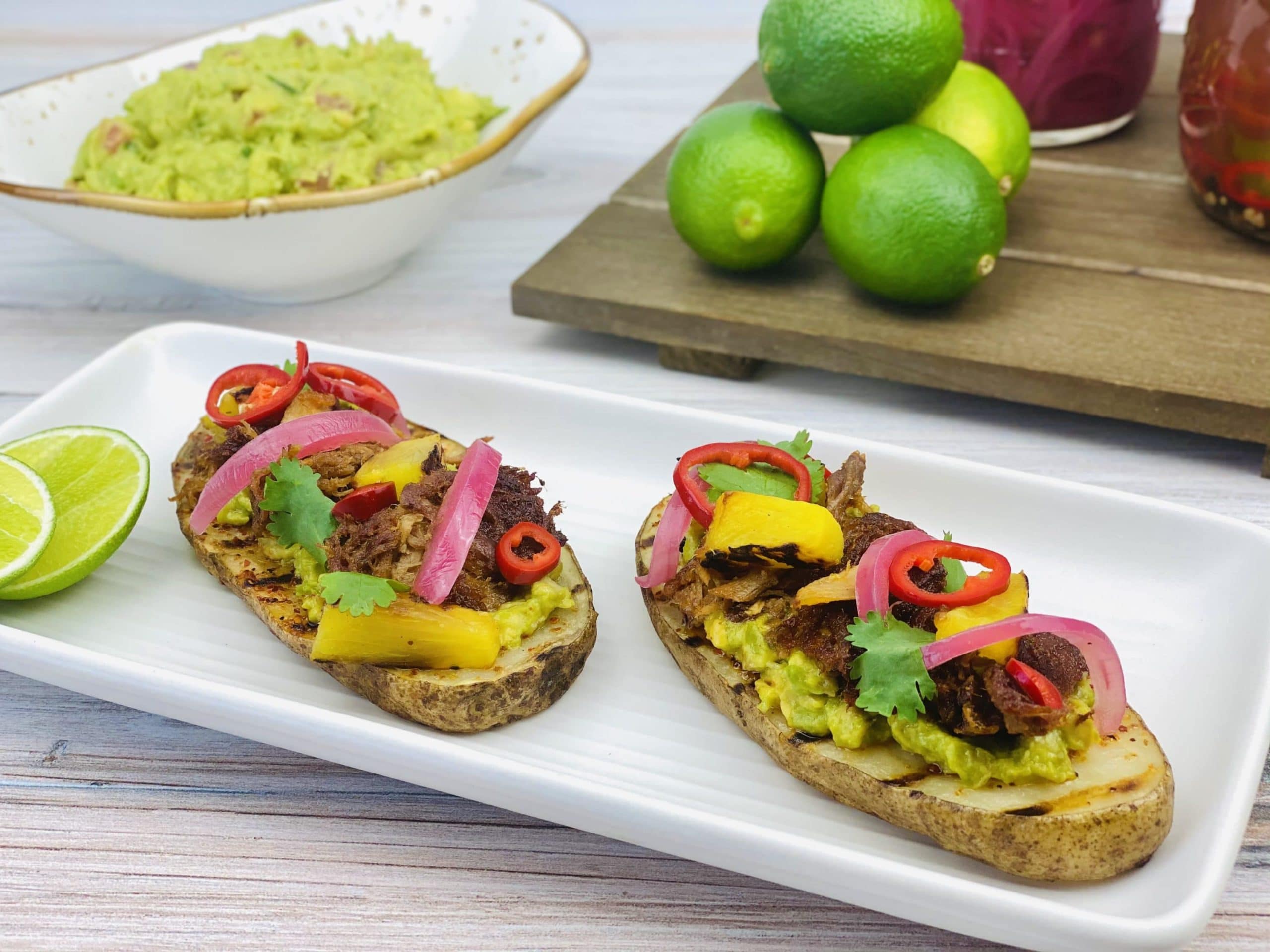Grilled Potato Toast with Pork Carnitas, Guacamole and Charred Pineapple - Potato Goodness