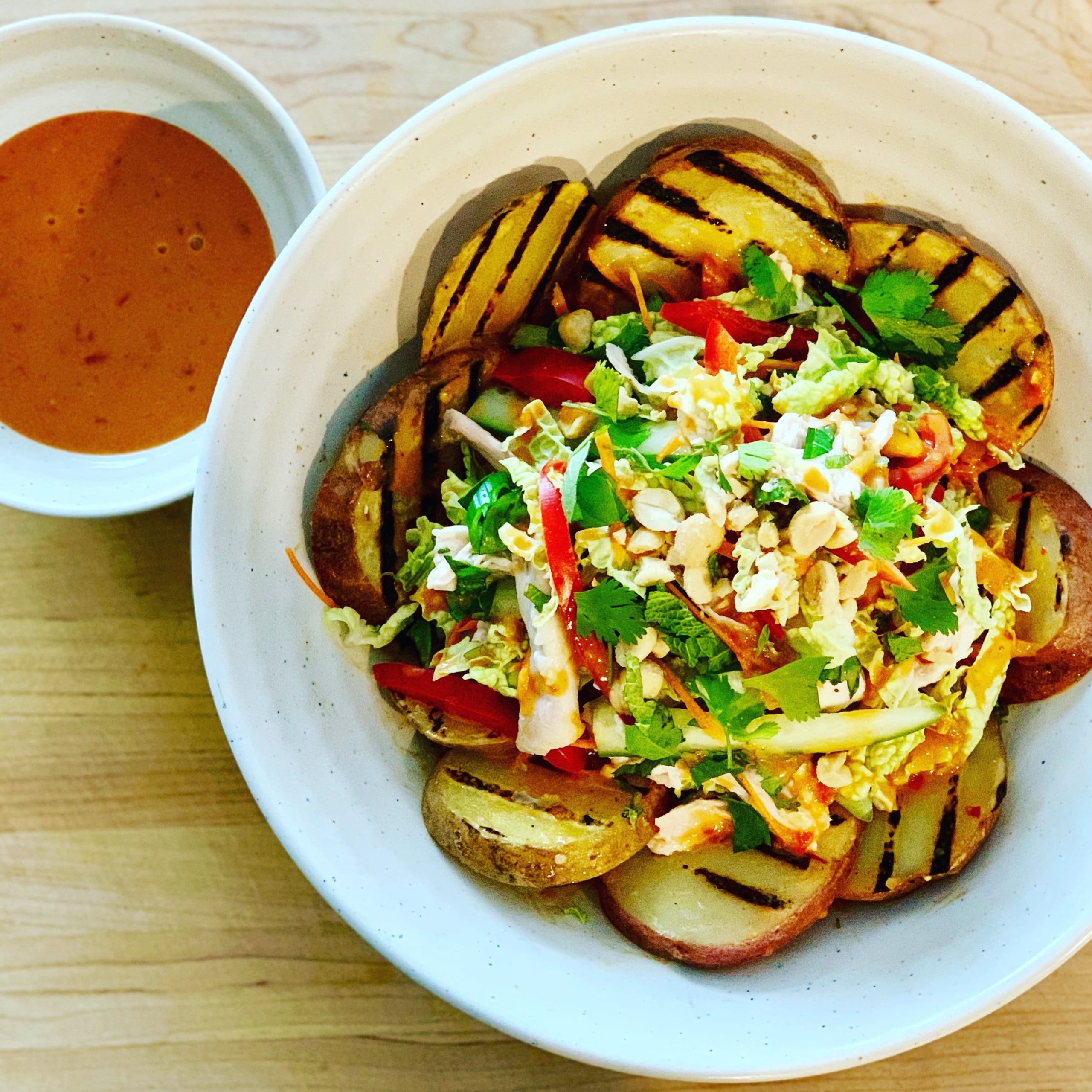 Grilled Potatoes with Thai Chicken Salad - Potato Goodness