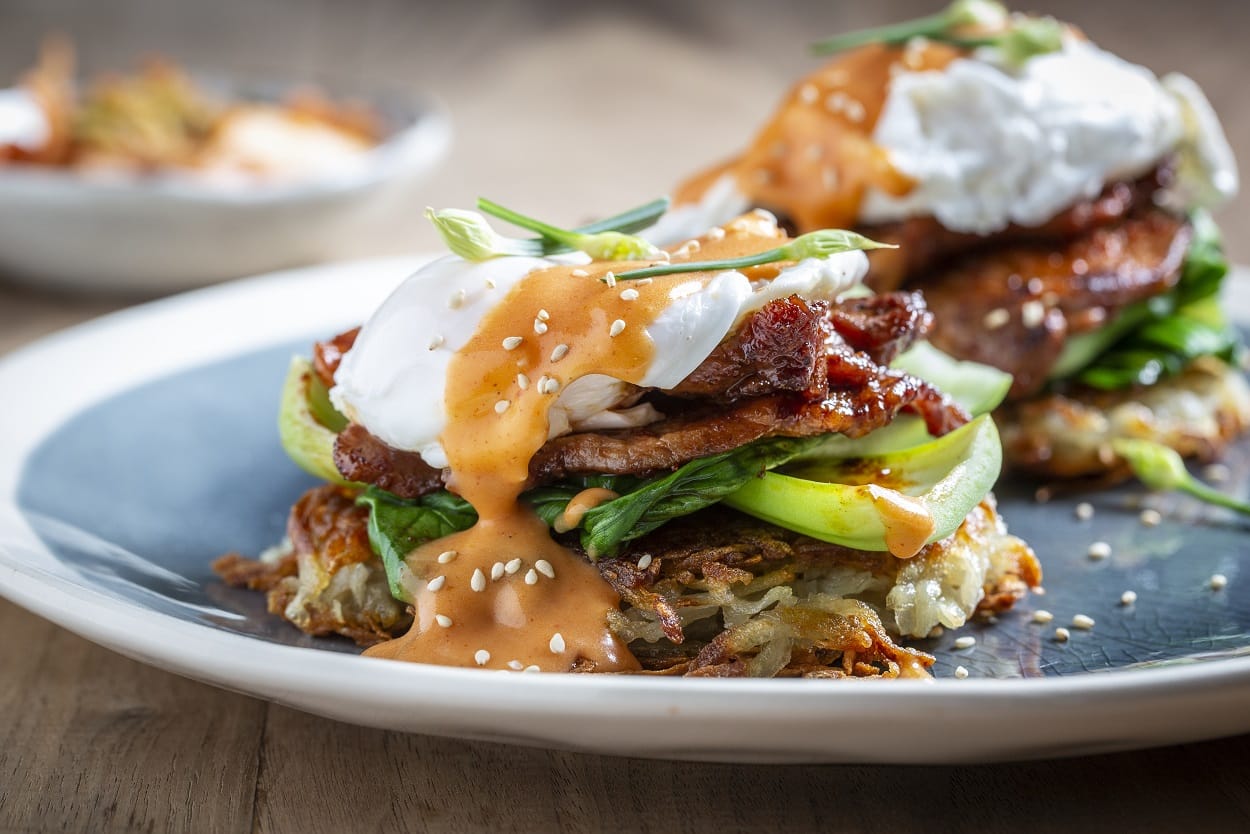 Korean Eggs Benedict with Crispy Potato Cakes Potatoes USA