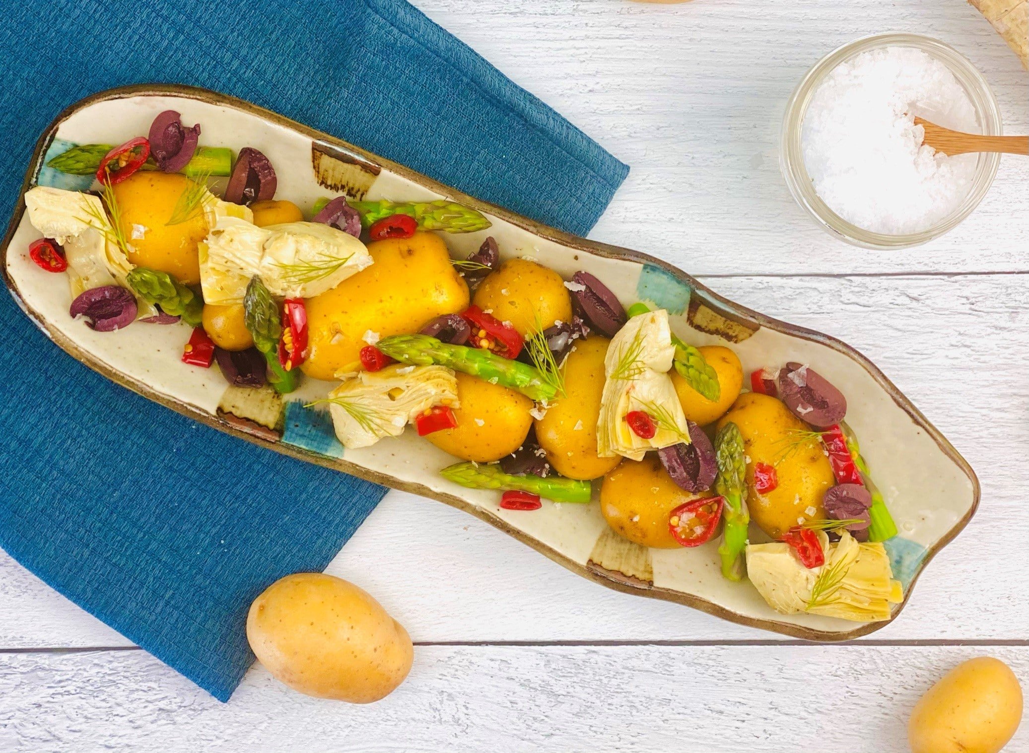 Lemon Poached Potatoes with Asparagus, Artichokes, Olives