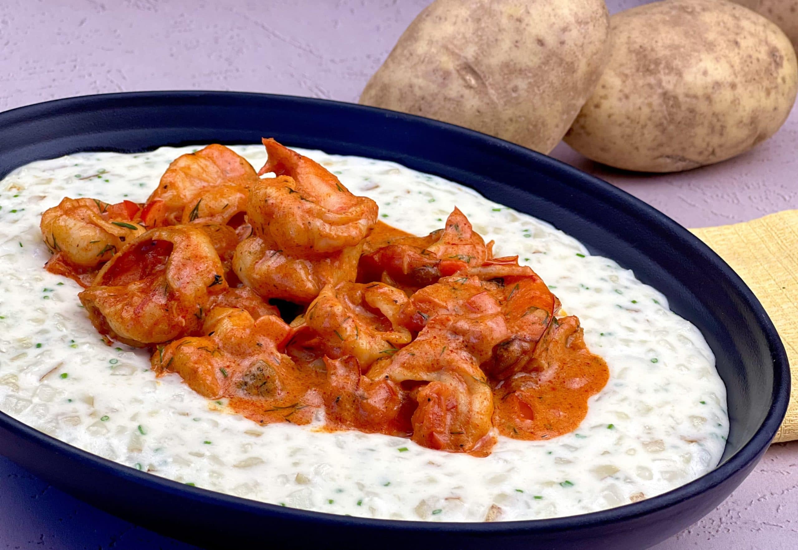 Parmesan Potato “Grits” with BBQ Gulf Shrimp - Potato Goodness