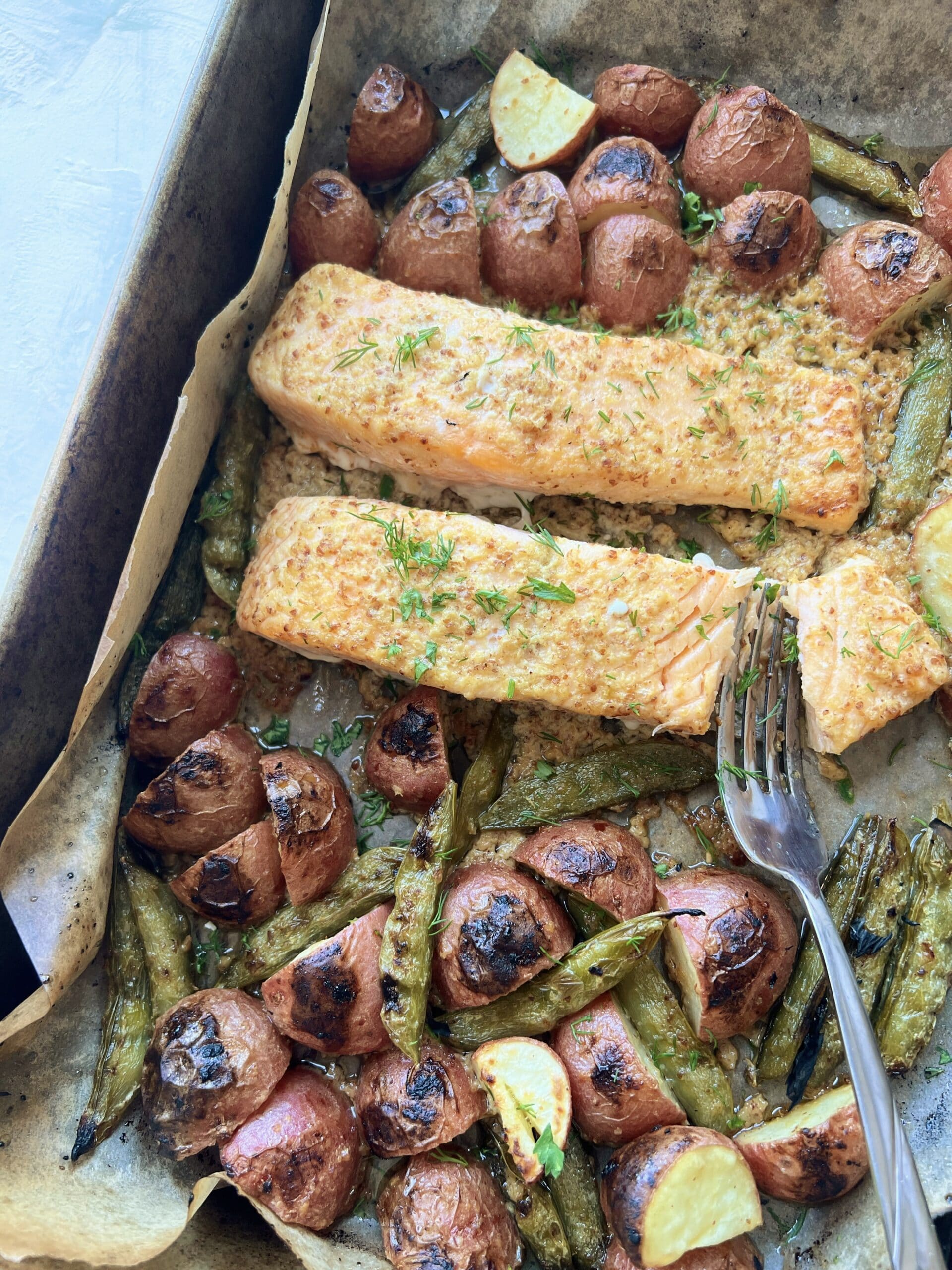 Spring Sheet Pan Salmon, Potatoes and Snap Peas - Potato Goodness