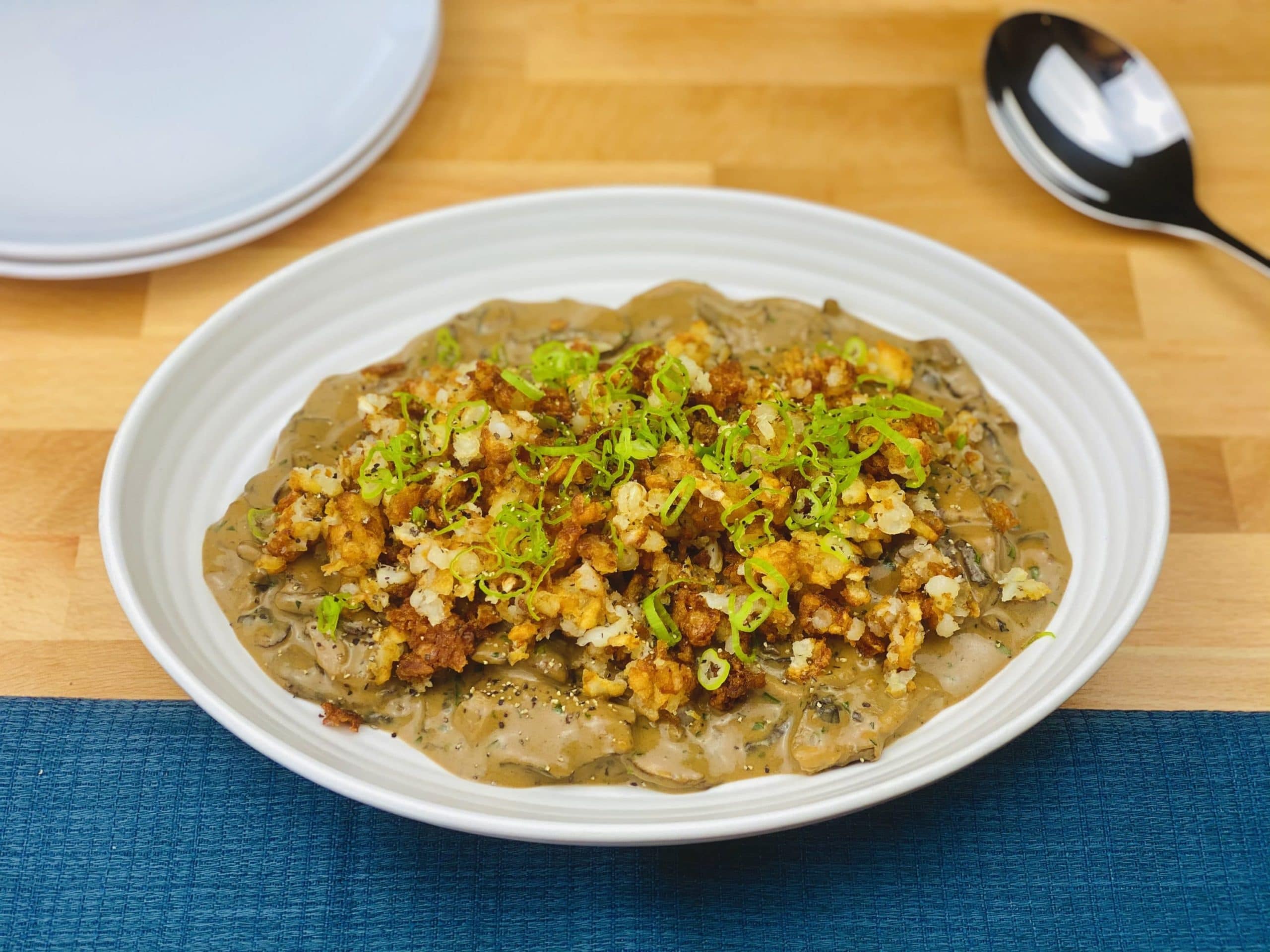 Smoked Mushroom Stroganoff with Scallion-Hash Brown Crumble