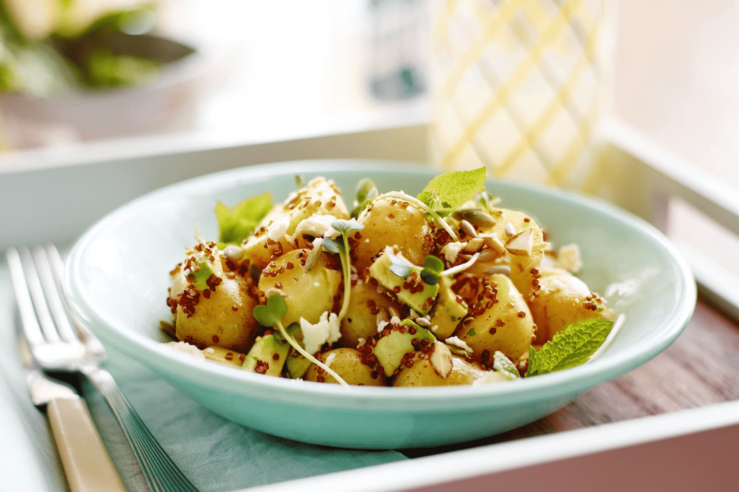 Potato Salad with Avocado, Almonds, Olive Oil and Feta Cheese